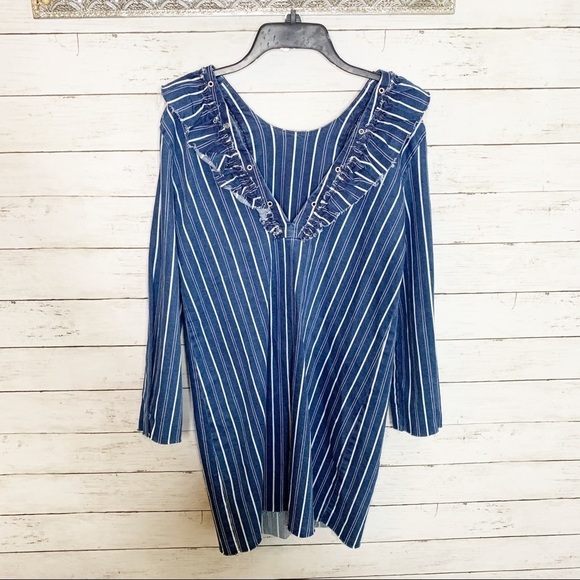 Zara Denim Striped Fringe Bib Long Sleeve Mini Dress Size XS - Picture 4 of 9